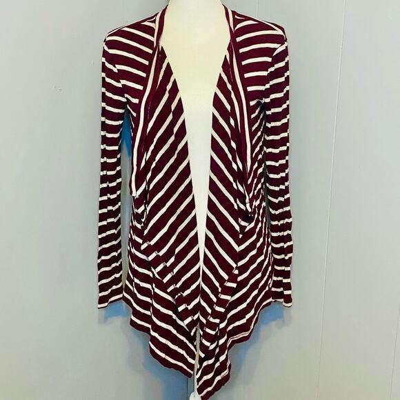 Juniors So Waterfall Open Front Cardigan Burgundy Red & White Stripes - Picture 5 of 9